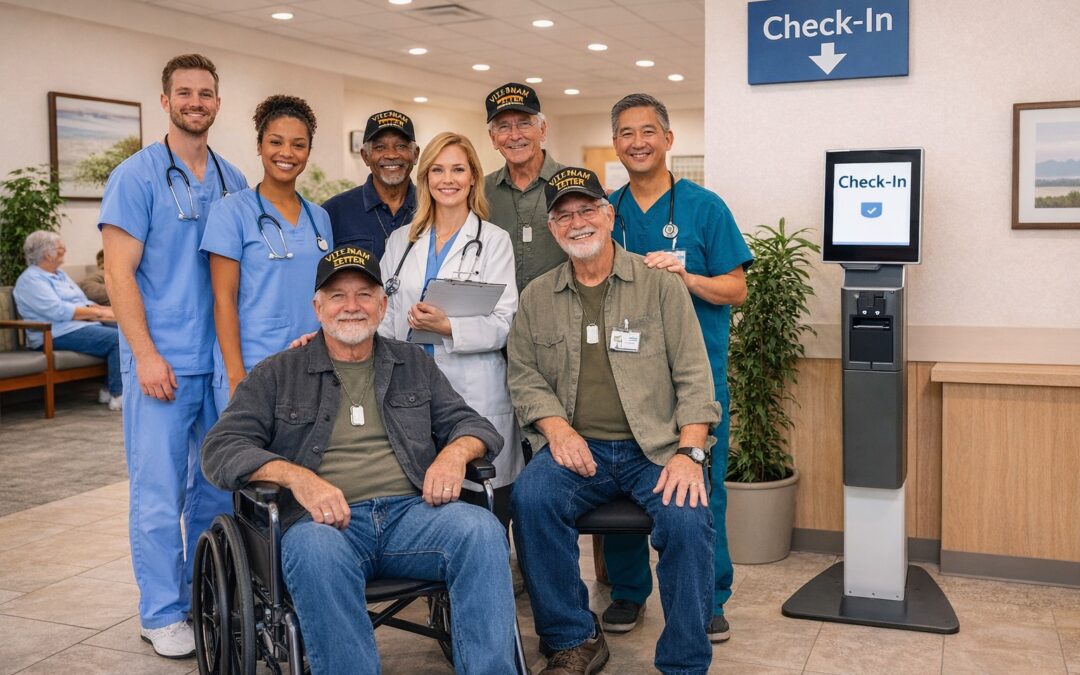 A veteran and health team gathered in reception for a group photo.