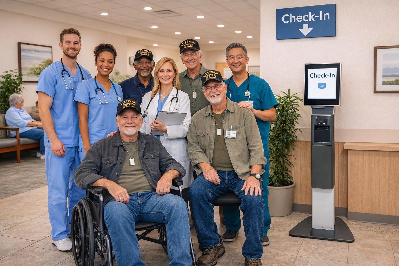 A veteran and health team gathered in reception for a group photo.