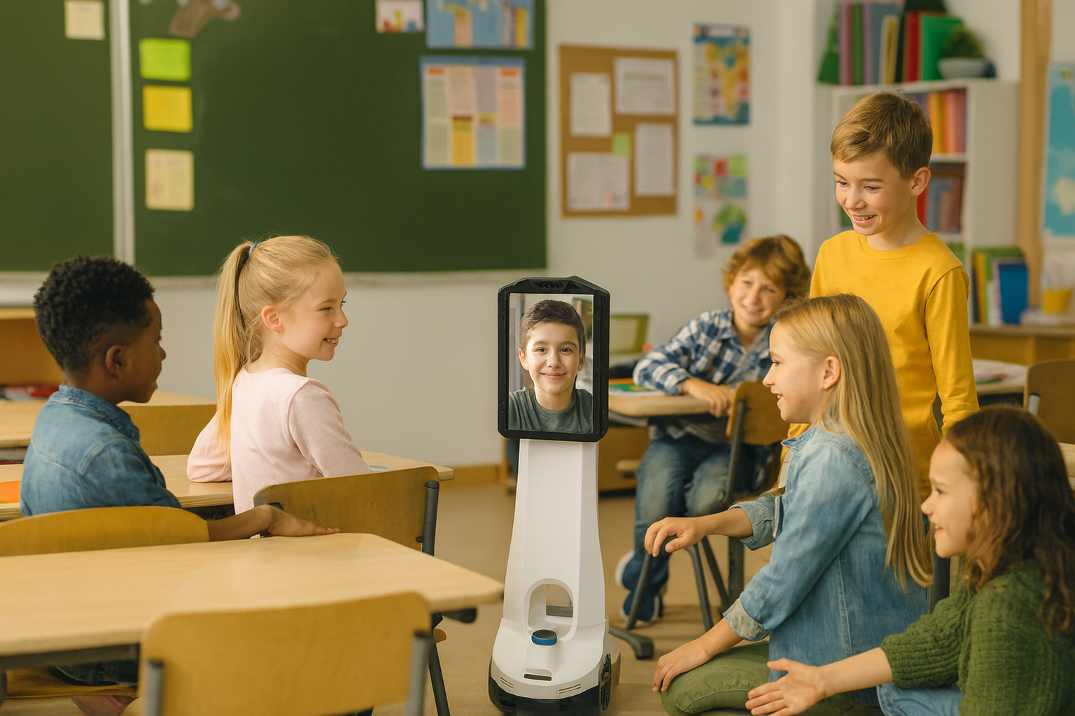 Child at school via a telepresence robot. 